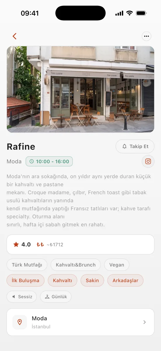 TAN uygulamasında bir mekan sayfası